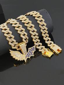 Conjunto de collar con colgante de alas de murciélago con diamantes y reloj de esfera azul con diamantes completos, joyería con cadena cubana con brillo para raperos y ropa urbana - Azul - Ver 19