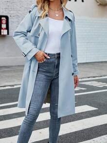 Women's Double Breasted Long Trench Coat Windproof Classic Lapel Slim Overcoat With Belt - Màu xanh lam - Xem 4