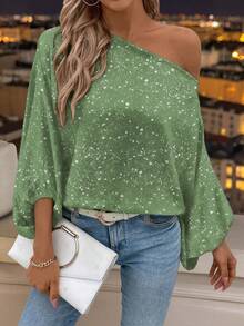 Keke Bloomly Women's Brown Loose Romantic Elegant Asymmetric Shoulder Design Lantern Sleeve T-Shirt, A Unique Shiny Top Made Of Small Reflective Sequins, Suitable For Daily Outings, Parties, Back To School Season, And Gatherings, Fashionable And Versatile Women's Top, Women's Valentine's Day - Green - View 2