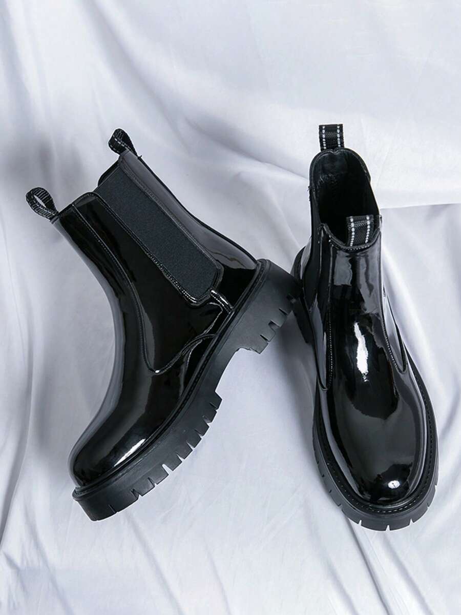 Chelsea Boots für Herren, Lackleder Slip-On Formalschuhe, runde Zehenpartie, glänzend, klobige Sohle, Arbeitsstiefel, europäischer Stil grüne High-Heel-Stiefel mit geradem Schaft, High-Top-Stiefel, Schwarz & Grün, Retro-Motorradstil Herren einfache modische High-Top-Freizeitschuhe, geeignet für Outdoor-Wandern und Autofahren, Vintage-Cowboy-Stiefel matte Büro-Alltagsschuhe, atmungsaktiv leicht strapazierfähig Ganzjahresschuhe Große Größen Herren 38-46 Business-Formal-Büro-Knöchelstiefel - Schwarz - Übersicht 1