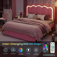 SHA CERLIN Twin/Full/Queen Upholstered Size Bed Frame With LED Lights, Adjustable Velvet Headboard With Wavy Design, Noise Free, Wooden Slats Platform Bed, Easy Assembly, No Box Spring Needed, Pink - View 8