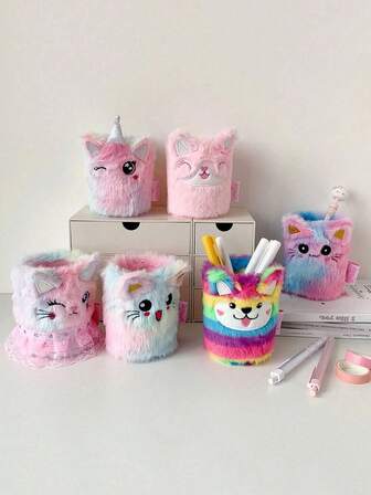1 PC Cartoon Cat Plush Pen Holder Student Highly Attractively Desktop Stationery Girl Dormitory Decoration Storage Tube Ornaments