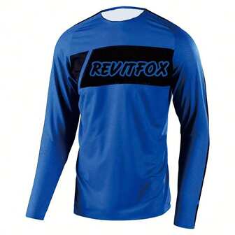 Revitfox 男式长袖骑行服，蓝黑色，透气面料，适合摩托车、越野/山地自行车、时尚赛车装备、摩托车越野设备、越野汽车赛车服、摩托车 T 恤