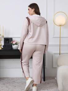Plus Size Casual Knitted Fabric Sweatpants Set For Women Long Sleeve Zipper Top And Long Bottom Co-Ord Outfit - Aprikos - Visa 7