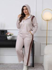 Plus Size Casual Knitted Fabric Sweatpants Set For Women Long Sleeve Zipper Top And Long Bottom Co-Ord Outfit - Aprikos - Visa 4