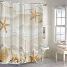 1/4 piezas Cortina de ducha de poliéster de alta calidad con impresión, diseño moderno de estrellas de mar y conchas, resistente al agua y duradera, incluye ganchos y forro, adecuada para la decoración del baño - multicolor - Ver 8