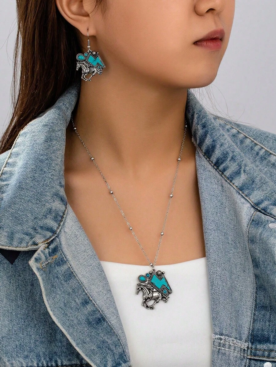 3件套西部马主题吊坠项链耳环套装，蓝色绿松石闪电饰品套装，美国中西部德克萨斯女牛仔耳环项链套装 - 馬吊墜項鍊耳環套裝 - 查看 1