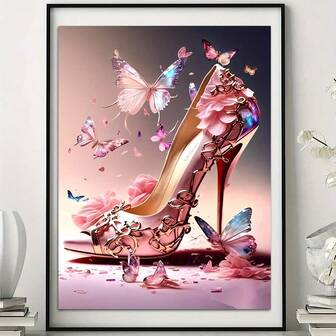 1pc Modern Wall Painting With Pink High Heels And Butterfly Wall Decorations, Oil Painting Posters And Murals, Suitable For Bars, Cafes, Offices, Hotels, Farmhouses, Living Rooms, Bedrooms, Corridors, And Bathroom Wall Paintings Wall Arts Posters,NO Frame