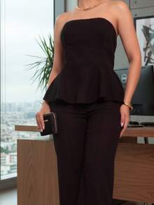 Conjunto Feminino Calça Reta com Ziper Linho Misto e Blusa Decote Peplum Linho Elegante Premium Verão Ano Novo Revellion