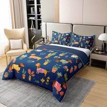 % Cotton Pink Dachshund Comforter Cover, Flower Floral Bedding Set, Kawaii Sausage Dog Duvet Cover, Lovely Puppy Quilt Cover, Soft Comfy, Dachshund Bedding - 藏蓝色 - 查看 3