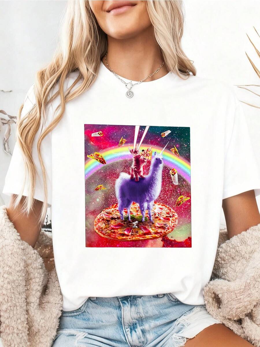 Laser Eyes Outer Space Cat Riding On Llama Unicorn T-Shirt001 - trắng - Xem 1