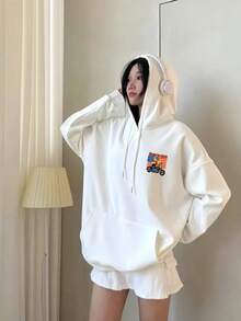 300g 100% Cotton T-Shirt, 2025 Women's Spring/Autumn Fashion, Printed Long Sleeve T-Shirt, Couple Style, Underwear/Outerwear, Office Casual, Round Neck, Long Sleeve, White Top - White - View 1
