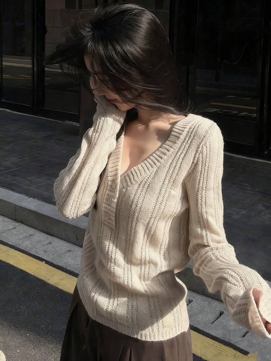 Women's Hollow Out Knit Sweater, V-Neck Long Sleeve Slim Fit Casual Top, Suitable For Early Autumn - Apricot - View 1