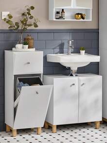 SoBuy BZR93-W Laundry Cabinet With Fold-Out Laundry Bag, Laundry Chest, Laundry Hamper With One Drawer, Laundry Basket, Bathroom Cabinet, Bathroom Furniture, White, Approx. 34x90x30cm (WxHxD).