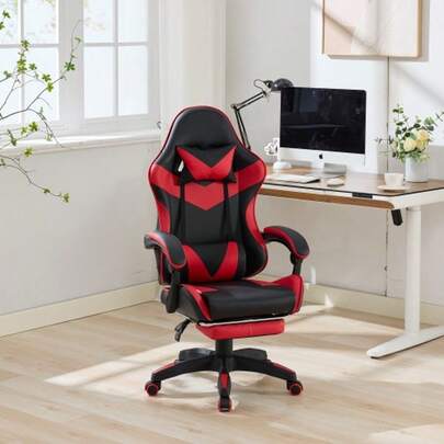 Ergonomic Racing-Style Gaming Chair With 360° Swivel Function, Leather Upholstery, High Backrest, Height Adjustable, With Footrest, Headrest And Lumbar Support For Office And Gaming