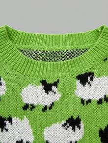 Sheep Pattern Crew Neck Sweater, Casual Long Sleeve Knit Sweater, Women, Christmas & New Year Fall - Green - View 8