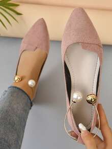 2025 New Low Vamp Pointed Toe Flat Shoes, Pearl Metal Decor Versatile Fairy Style Women Shoes - Dusty Pink - View 12