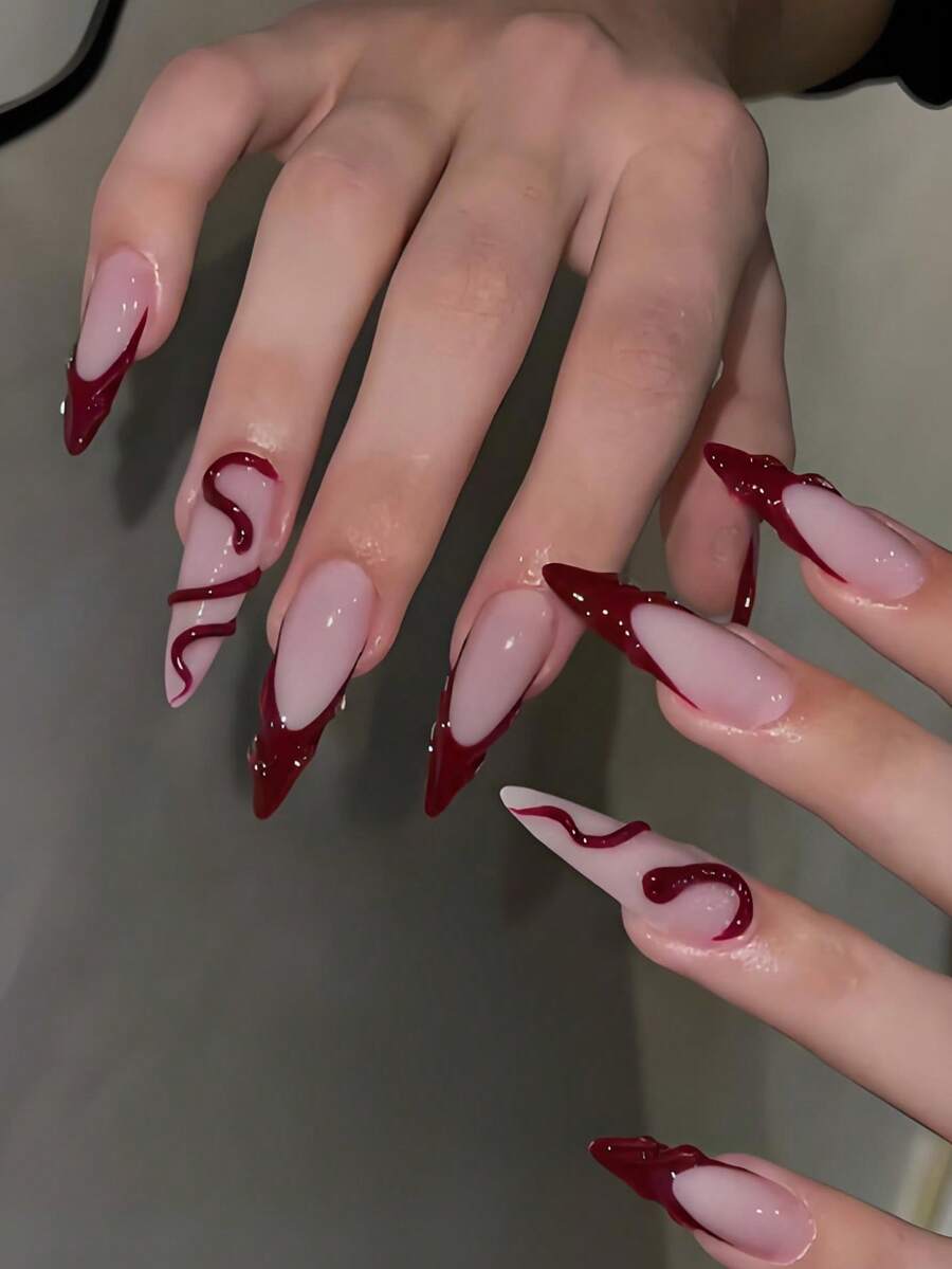 24pcs Almond-Shaped Press-On Nails, 3D Red Snake Skin Nail Art Stickers, Extra Long Glossy Full Cover False Nails, Suitable For Autumn/Winter & New Year - Multicolor - View 1