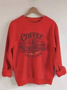 Women's Drop-Shoulder Sweatshirt, Casual Long-Sleeve Round-Neck Pullover For Spring And Summer, Casual Attire Top, Outerwear, Women's Clothing, Patterned Sweatshirt, Casual Streetwear Sweatshirtgifts For Mom-Free Shipping - 紅色 - 查看 1