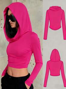 女士纯色高弹修身长袖连帽T恤，简约风格，适合春、秋、冬季穿着，也可作为万圣节、圣诞节、教师节、外套、约会等场合的百搭上衣，韩版风格。 - 玫紅色 - 查看 7