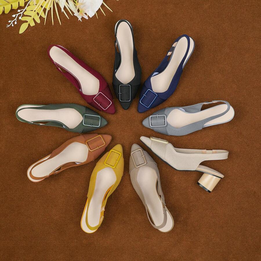 Ladies' Pointy, Shallow-Mouthed Hollow Fabric Buckles Are Casual And Breathable, And They Are Decorated With Large-Size High-Heeled Shoes With A Back Strap.  Office - Màu xanh lam - Xem 1