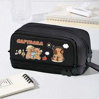 Estuche para lápices de gran capacidad con diseño de capibara - Estuche espacioso para artículos de papelería para oficina, escuela, hombres, mujeres y adultos - Bolsa de cosméticos portátil para regalo de Eid Al-Adha Mubarak, de múltiples capas y gran capacidad, perfecto para regalos de vuelta al colegio y Navidad