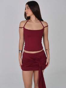 Women's Skirt With Knot And Straps, Double Lining, Polyamide, Stylish, Fashionable For New Year's Eve. - Màu Đỏ Sâu - Xem 2