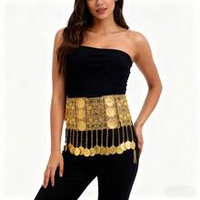 Chain Geometric Tassel Waist Chain, Carved Waterdrop Coin Pendant Waist Belt, Middle Eastern Belly Dance Waist Accessory - Gold - View 3
