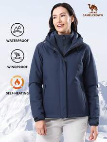 CAMEL CROWN 女士三合一防水滑雪服，抓绒内衬保暖防风，适合雪地户外活动 - 藏蓝色 - 查看 1