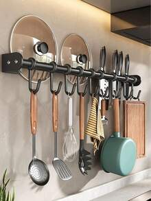 1PC Stainless Steel No-Drill Kitchen Rack, Spatula And Spoon Storage Holder, Retro Farmhouse Style DIY Wall-Mounted Pot Rack, Detachable Kitchen Utensil Hooks (Black). - Multicolor - View 1