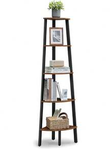 Corner Bookcase 5 Tier Shelf Ladder Shelf Storage Unit Plant Holder For Living Room Industrial Style With Steel Frame, Rustic Brown And Black - Brown - View 6