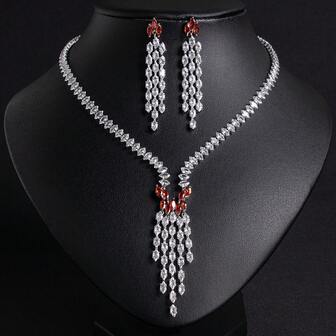 3件套奢华水晶水钻彩色宝石流苏首饰套装（项链和耳环），适合女性婚礼、派对、节日和庆典场合佩戴。