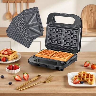 Yabano Multi-Functional 3-In-1 Waffle Iron, Grill & Sandwich Maker - Non-Stick Removable Plates For Grilled Cheese, Tuna Melts & Steaks (Black/Stainless)