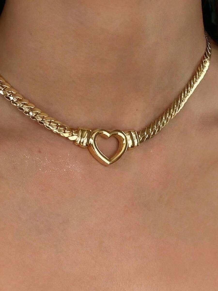 1pc Fashion Heart Cuban Chain Women's Gold-Plated Chain Necklace Festival Accessory Jewelry Party Anniversary Gift For Girlfriend Lover Or Friend