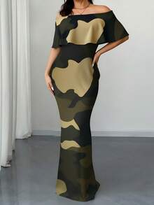 Đầm bodycon hở vai họa tiết rằn ri thời trang và thanh lịch cỡ lớn 1 chiếc có viền xếp nếp và túi - màu xanh lá - Xem 4