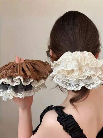 1pc Women's Elegant Solid Color Pleated Double-Layer Lace Trim Hair Scrunchie, Suitable For Ponytail, Bun, Hair Decoration, Matching Dresses, Simple And Versatile Daily Wear ,Hair Elastics ,Hair Rubber Bands ,Hair Rope ,Elastic Hair Tie
