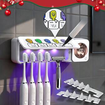 1 pieza Esterilizador de cepillo de dientes montado en la pared sin taladro con 5 ranuras, personalizado con nombre, caja de almacenamiento de cepillo de dientes recargable por USB de 2000mAh con limpieza inteligente, organizador de baño lindo, decoración y accesorios de baño, regalos de Navidad para ella, amigos, trabajadores, escuela, hogar, ¡oficina!