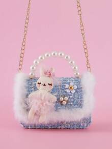 1pc Cartoon Rabbit & Fluffy Lace Pearl Decor PU Felt Material Flap Closure Chain Strap Casual Beaded Handbag, Crossbody Bag For Snacks & Coins, Suitable For Birthday Gift & Daily Use, Teens - Wool Lace - Rabbit - View 8