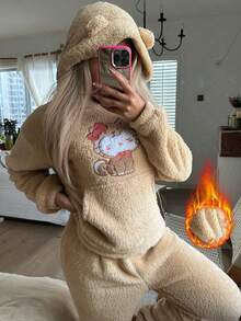 SANRIO 2pcs/Set Women's Cartoon Bear Sweatshirt With Pocket And Ear Design, Long Pants, Fleece, Warm And Comfortable Loungewear Set For Autumn/Winter - Brown - View 1