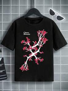 Boys & Teens' Casual Graphic Print Round Neck Short Sleeve T-Shirt, Summer Top - 黑色 - 查看 1