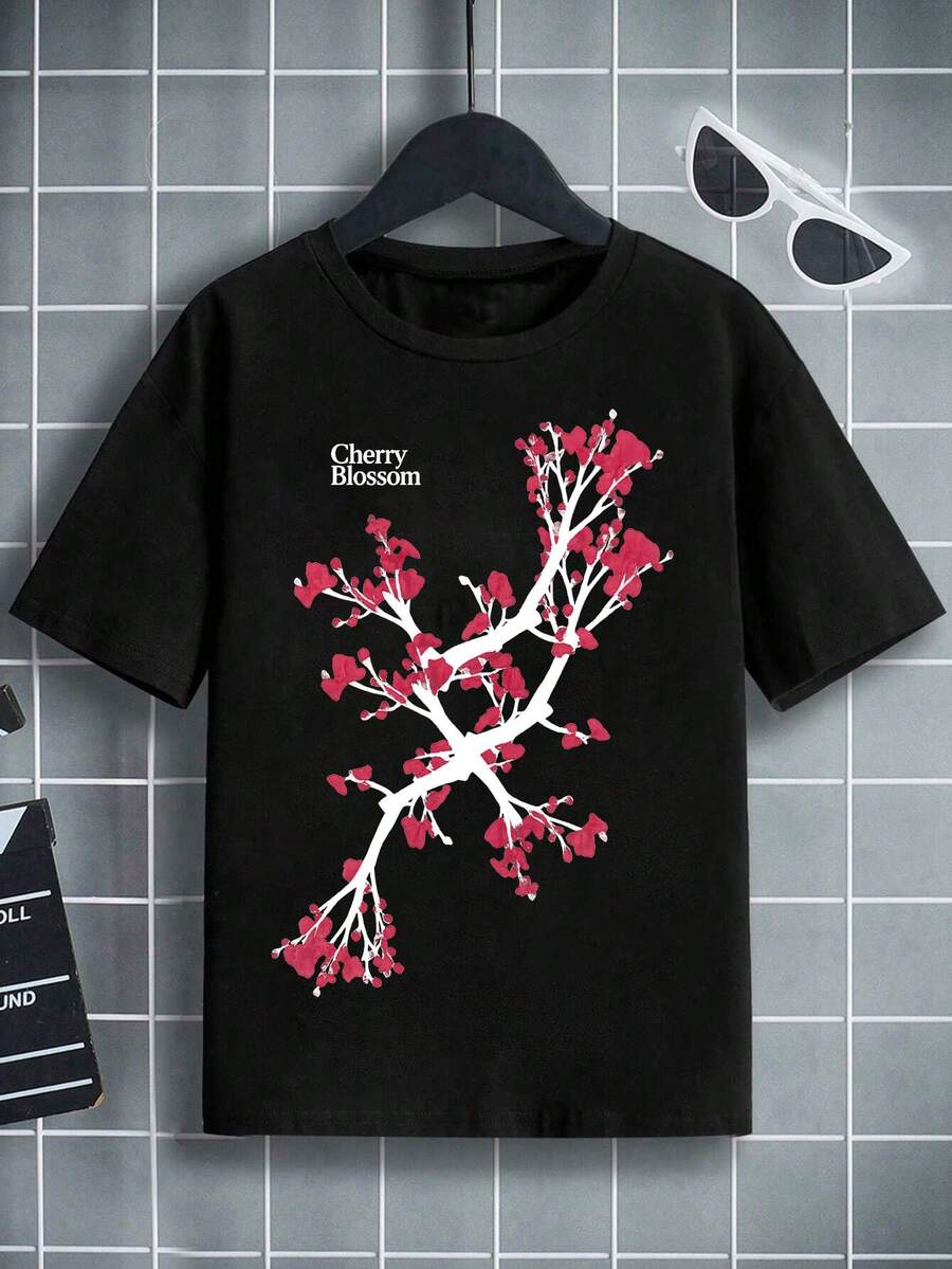 Boys & Teens' Casual Graphic Print Round Neck Short Sleeve T-Shirt, Summer Top - 黑色 - 查看 1