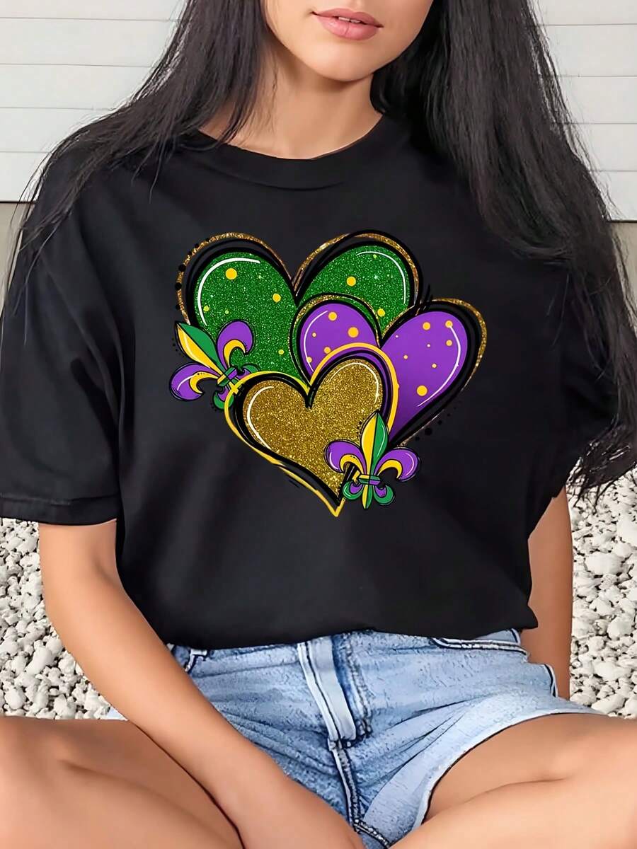 Women Mardi Gras Heart Fleur De Lis Print T-Shirt Party Celebration 220g - 黑色 - 查看 1