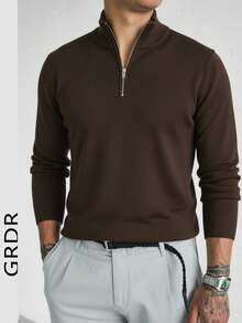 GRDR Men's Casual Long Sleeve Half-Zip Pullover Sweater, Versatile For Daily Wear - Brown - View 2