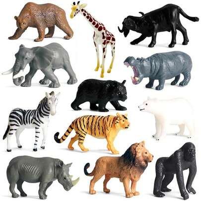 12件套手绘野生动物模型玩具，逼真丛林动物园迷你动物模型 - 长颈鹿、黑熊、狮子、老虎、棕熊、北极熊、猩猩、大象、水牛、河马、犀牛、斑马 - 完美的纸杯蛋糕装饰玩具套装，生日/圣诞节装饰/毕业典礼/宰牲节/开斋节礼物派对用品