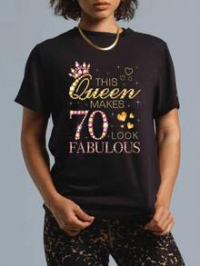 100% Cotton This Queen Makes 70 Look Fabulous 70th Birthday Queen B-Day T-Shirt Women's Men's Graphic Tee Crew Neck Classic Fashion Summer Vacation Tops - 黑色 - 查看 5
