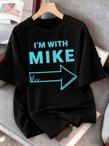 PLUS SIZE Funny 'I'M WITH MIKE' Arrow TShirt Fall, 100% Cotton, Easy Fit, Breathable, Street Hip-Hop, Unique Graphic Print - Black - View 2