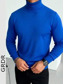 GRDR Men's Regular Shoulder Long Sleeve High Neck Sweater, Versatile For Daily Wear Knitted Pullover - Royal Blue - View 4