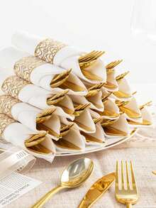 60 Sets Of Gold Simple Retro Style Pre-Rolled Cutlery Knife, Fork And Spoon Sets, Pre-Rolled Napkin Sets With Exquisite Patterns, Heavy Gold Tableware Sets, Perfect For Large Events, Parties, Gatherings, Weddings, Dances, Dinners, Beach Parties, Lovers, Etc. - Cổ điển - 60 chiếc - Xem 5