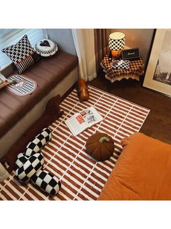 1pc Modern Minimalist Style Living Room Carpet, Brown & White Bedroom Decorative Bedside Rug, Geometric Striped Pattern Windowsill Carpet, Nordic Style Lounge Slip-Resistant Thick Rug For Study/Dressing Room