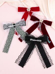 1个定制女孩发饰蝴蝶结，黑色蕾丝网珍珠蝴蝶结发夹，天鹅绒发卡，圣诞发饰 - 彩色 - 查看 7